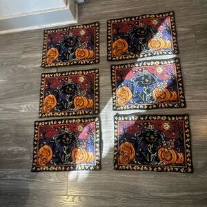 VTG Set of 6 Eileen Toohey Halloween Tapestry Embroidered Cat Pumpkin Placemats